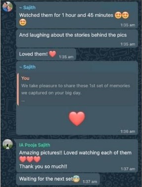 WhatsApp messages from Sajith and Pooja reading: ‘Watched them for 1 hour and 45 minutes’, ‘laughing about the stories behind the pics’, ‘Loved them!’, ‘Amazing pictures!! Loved watching each of them’